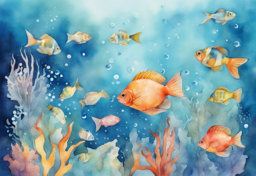 Illustration moderne d'aquarium en aquarelle bleue avec poissons colorés et système d'oxygénation visible.