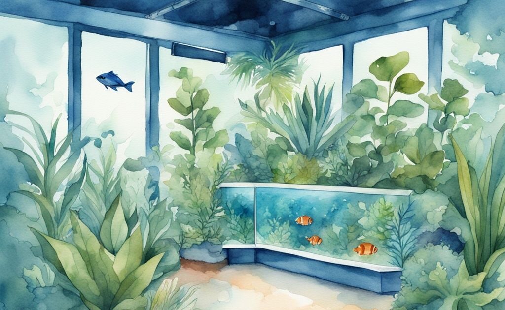 Illustration moderne d'un aquarium vibrant avec des plantes luxuriantes, thème bleu, plante aquarium sans co2.