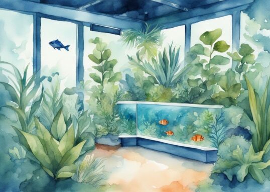 Illustration moderne d'un aquarium vibrant avec des plantes luxuriantes, thème bleu, plante aquarium sans co2.