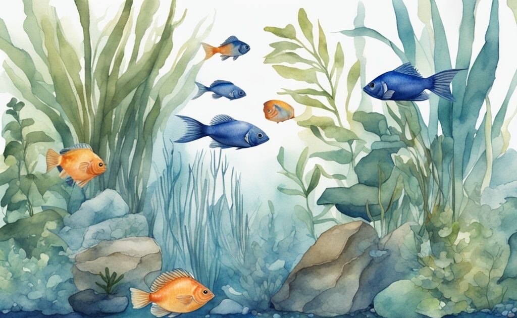 Illustration aquarelle moderne d'un aquarium d'eau douce pour débutant, avec des poissons colorés nageant parmi des plantes aquatiques et des décorations, thème principal bleu.