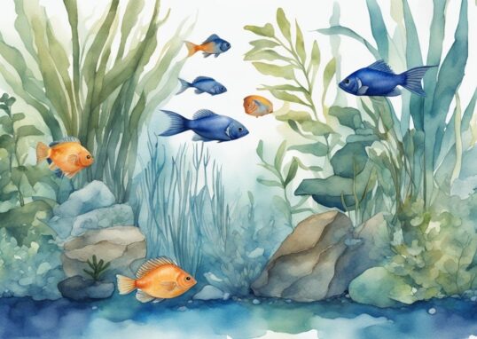 Illustration aquarelle moderne d'un aquarium d'eau douce pour débutant, avec des poissons colorés nageant parmi des plantes aquatiques et des décorations, thème principal bleu.