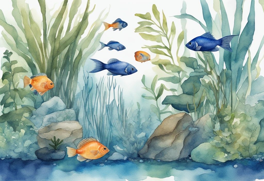 Illustration aquarelle moderne d'un aquarium d'eau douce pour débutant, avec des poissons colorés nageant parmi des plantes aquatiques et des décorations, thème principal bleu.