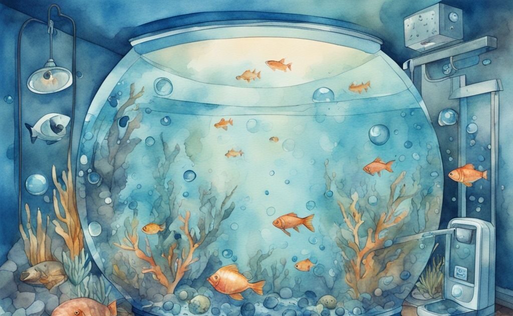 Illustration moderne d'aquarium en aquarelle bleu avec poissons sains et bulles d'un dispositif d'oxygénation aquarium.