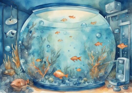 Illustration moderne d'aquarium en aquarelle bleu avec poissons sains et bulles d'un dispositif d'oxygénation aquarium.