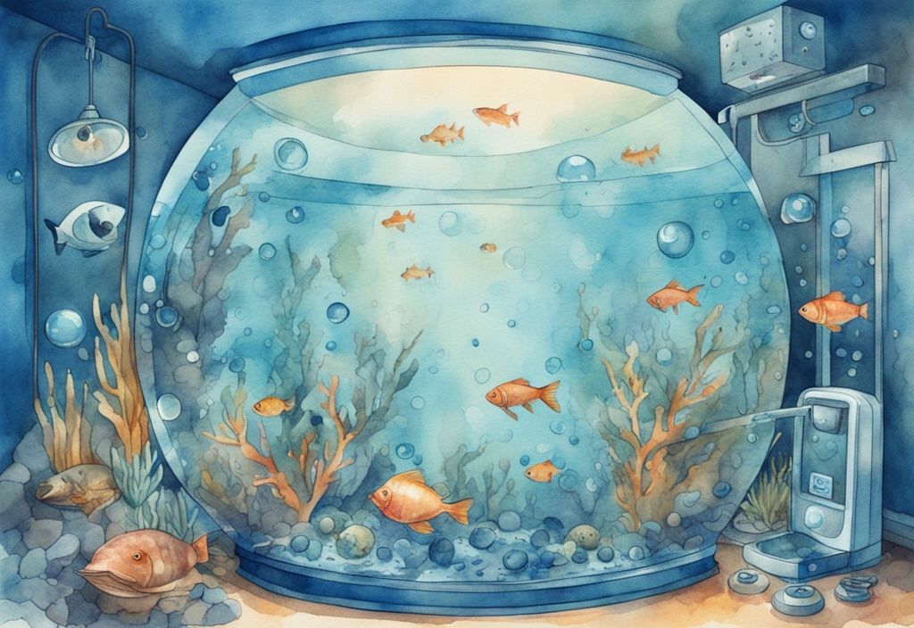 Illustration moderne d'aquarium en aquarelle bleu avec poissons sains et bulles d'un dispositif d'oxygénation aquarium.