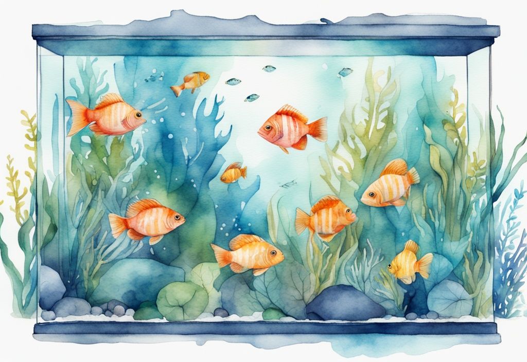 Illustration moderne à l'aquarelle d'un aquarium rectangulaire avec thème bleu, présentant un monde sous-marin vibrant avec des poissons colorés et des plantes aquatiques.