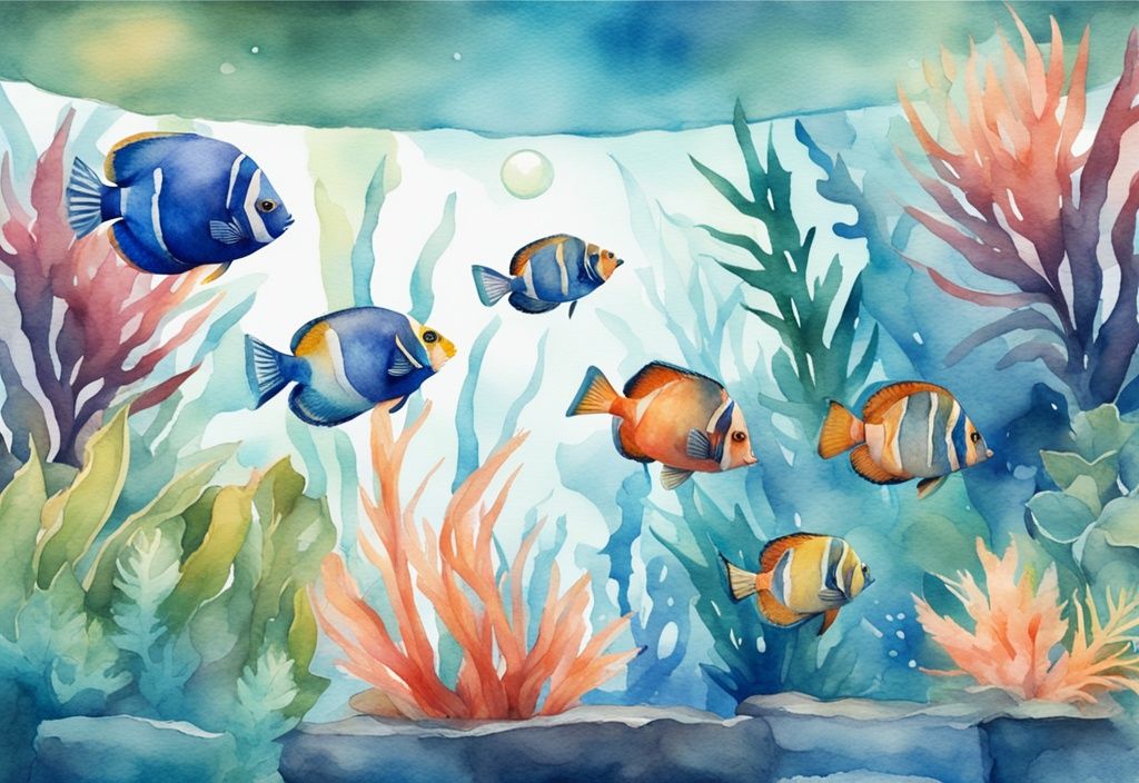 Illustration moderne en aquarelle d'un aquarium bien éclairé avec des poissons tropicaux colorés nageant parmi des plantes aquatiques luxuriantes, thème principal bleu.