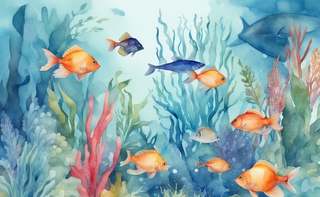 Illustration moderne d'aquarium avec composition filtre aquarium, entouré de plantes aquatiques vibrantes et de poissons colorés, thème bleu dominant.