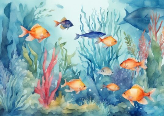 Illustration moderne d'aquarium avec composition filtre aquarium, entouré de plantes aquatiques vibrantes et de poissons colorés, thème bleu dominant.