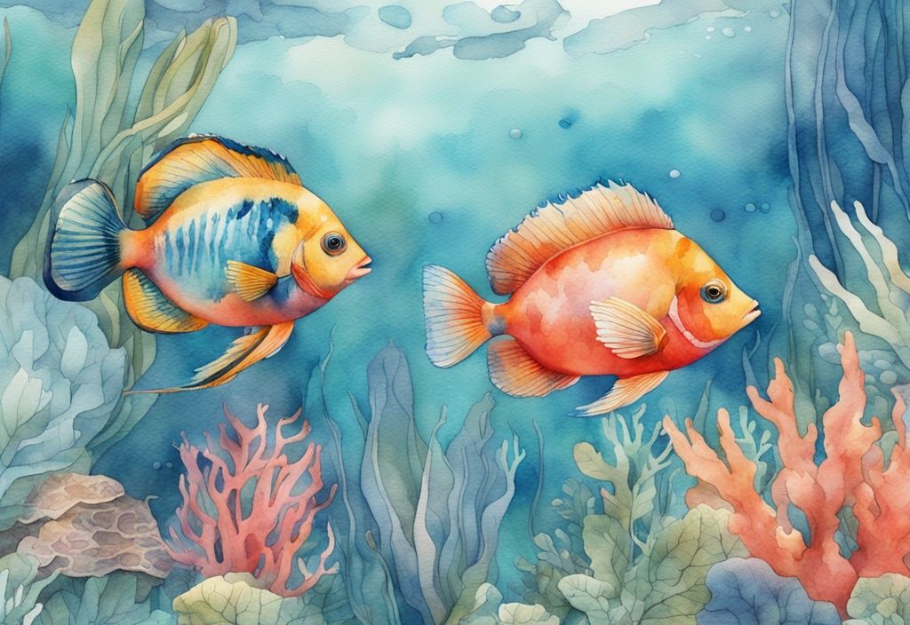 Illustration moderne à l'aquarelle d'un aquarium avec des poissons tropicaux colorés et des coraux texturés dans des tons de bleu.