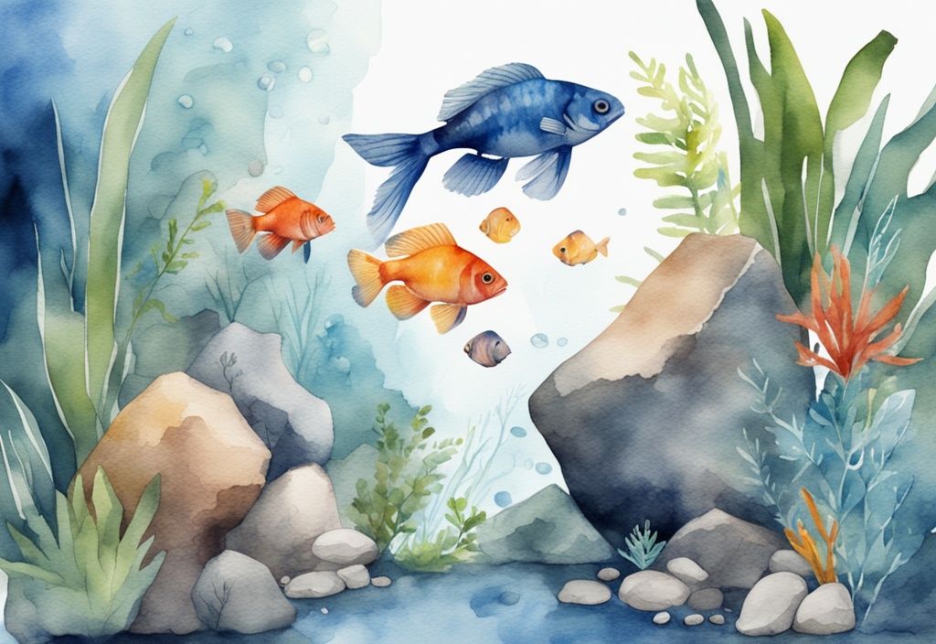 Illustration moderne à l'aquarelle d'un aquarium d'eau douce pour débutants, mettant en scène des poissons colorés nageant parmi des plantes et des rochers, thème bleu.