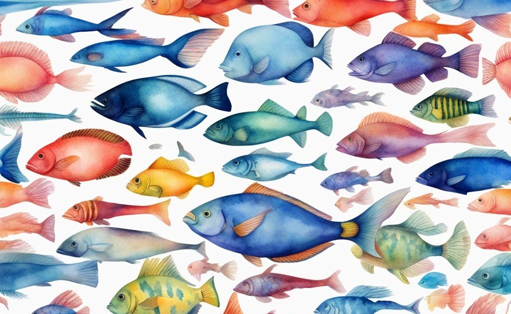 Illustration moderne en aquarelle de poissons exotiques liste, avec des espèces colorées nageant dans un récif de corail vibrant, thème principal bleu.