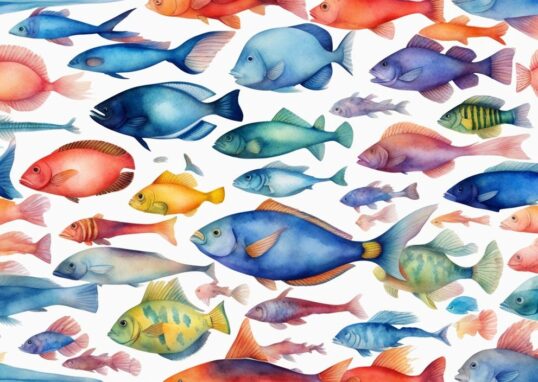 Illustration moderne en aquarelle de poissons exotiques liste, avec des espèces colorées nageant dans un récif de corail vibrant, thème principal bleu.