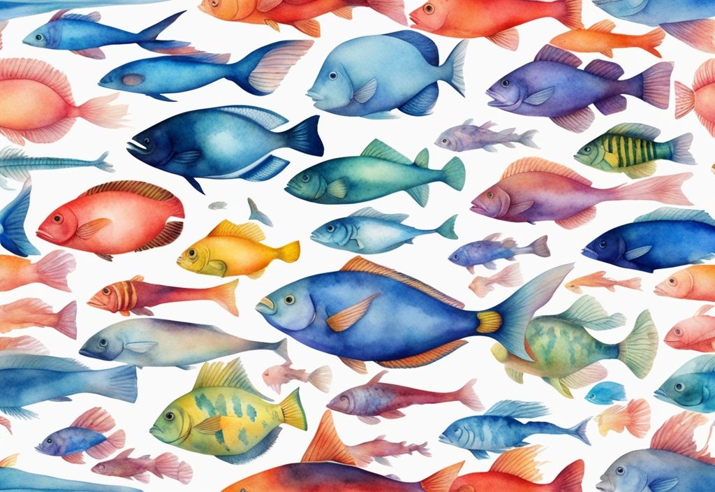 Illustration moderne en aquarelle de poissons exotiques liste, avec des espèces colorées nageant dans un récif de corail vibrant, thème principal bleu.