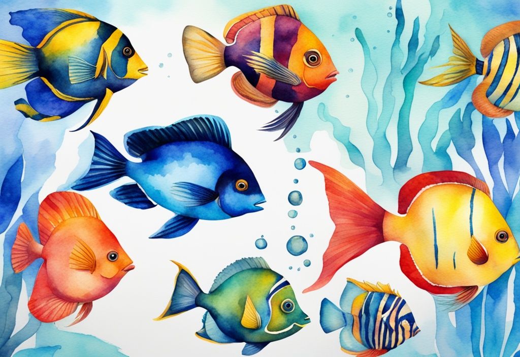 Illustration moderne en aquarelle de poissons exotiques colorés nageant dans des eaux tropicales claires, avec un thème de couleur bleu.