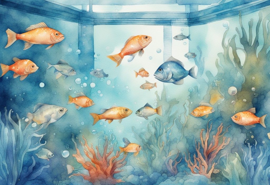 Illustration moderne d'aquarium en aquarelle bleue avec poissons sains et bulles d'un dispositif d'oxygénation aquarium.