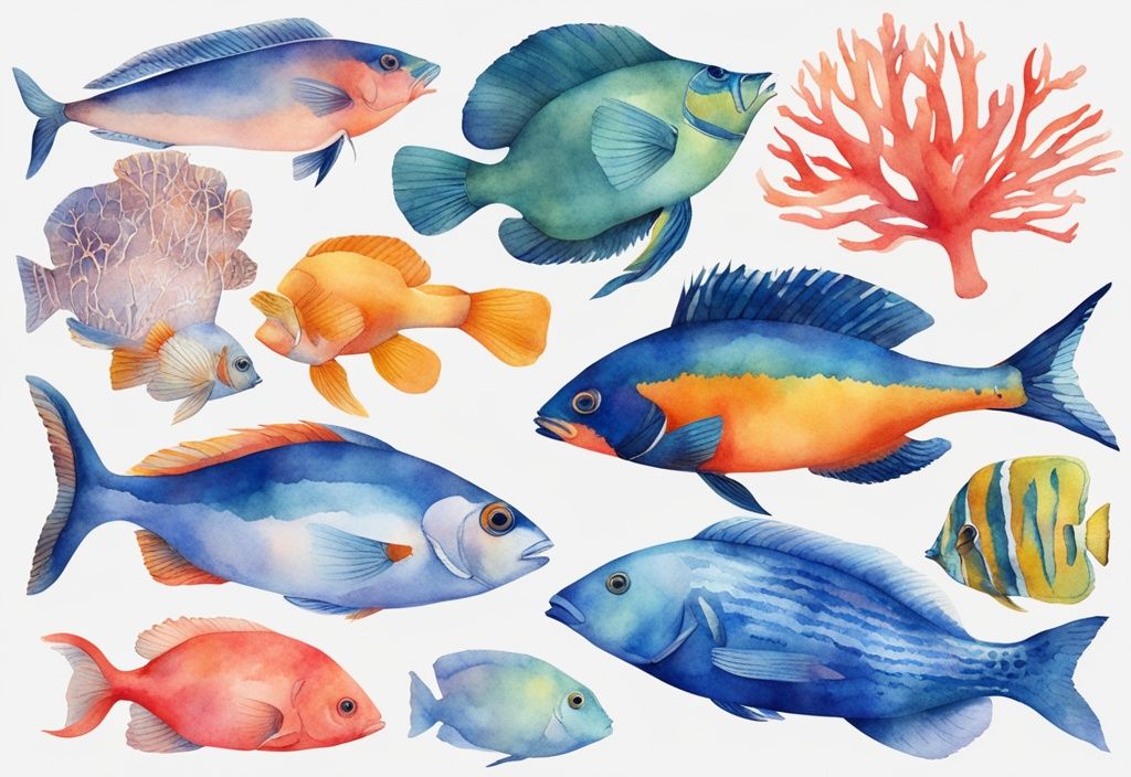 Illustration moderne en aquarelle avec des poissons exotiques colorés, chacun étiqueté par son nom, nageant dans un récif corallien vibrant, thème principal bleu, poisson exotique liste.