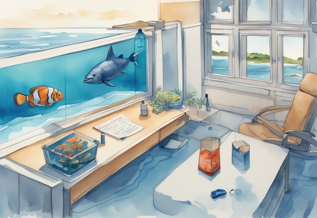 Illustration moderne en aquarelle d'un aquarium bien entretenu avec distributeur automatique et éclairage, liste de contrôle de vacances à proximité, et scène apaisante de plage en arrière-plan, thème principal bleu.