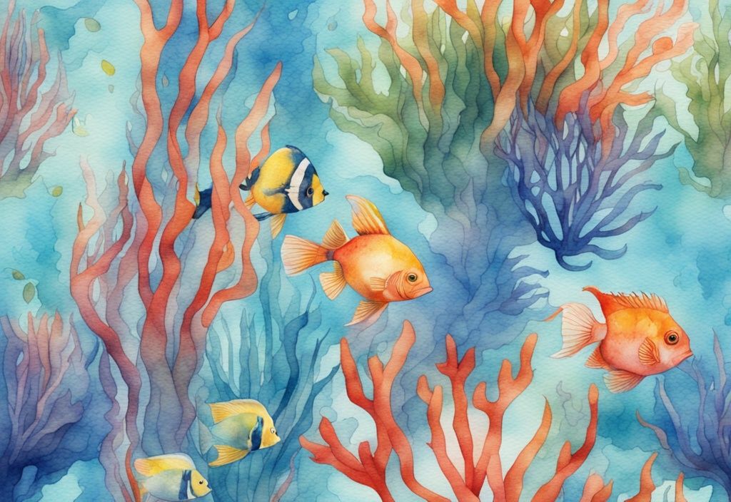 Illustration moderne en aquarelle d'un aquarium avec poissons tropicaux colorés, plantes aquatiques luxuriantes et coraux texturés, thème bleu.