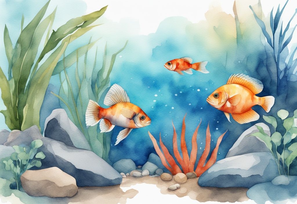 Illustration moderne d'un aquarium d'eau douce pour débutants, thème bleu, avec poissons colorés nageant parmi plantes et rochers.