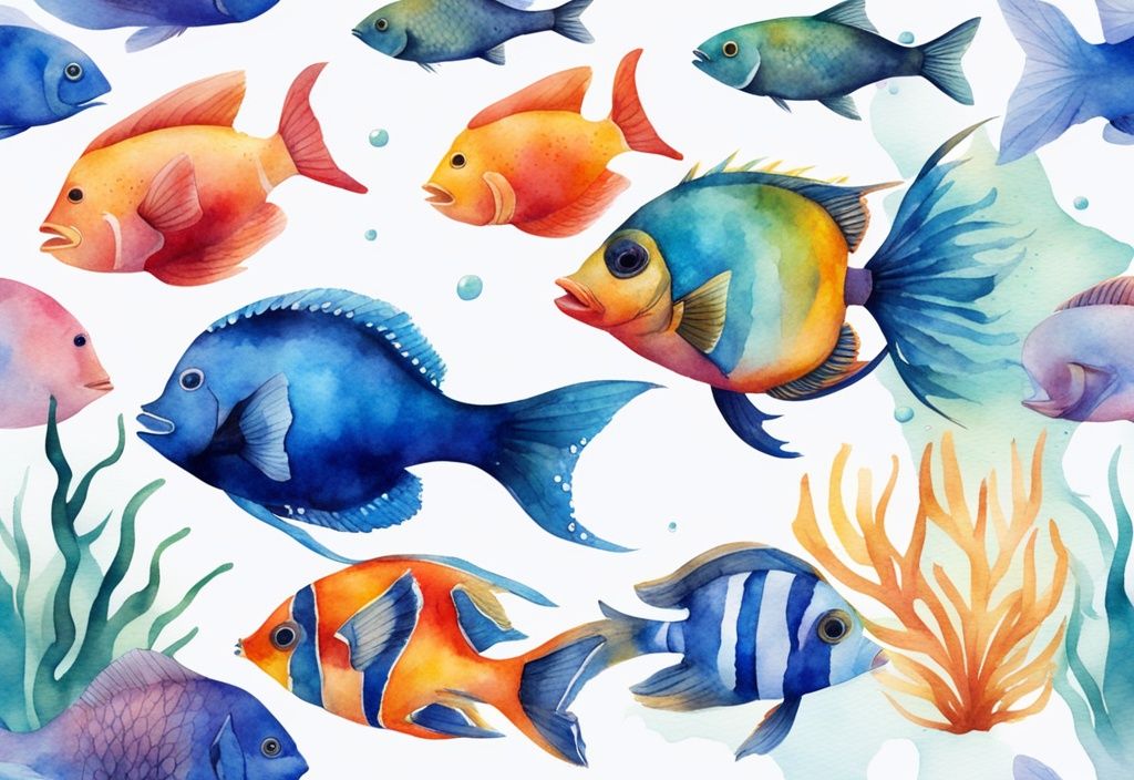 Illustration aquarelle moderne de poissons exotiques multicolores nageant dans des eaux tropicales claires, thème de couleur bleu.