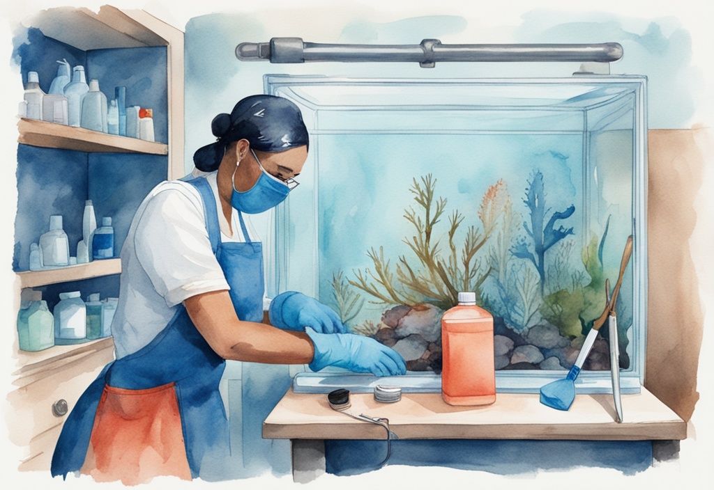 Illustration moderne en aquarelle montrant des mains gantées nettoyant un aquarium vide et sale, avec des outils et produits de nettoyage à proximité, thème couleur bleu.