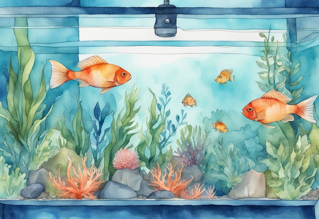 Illustration moderne en aquarelle d'un aquarium rempli de poissons et plantes aquatiques, mettant en valeur le thème bleu; poisson milieu aquarium.