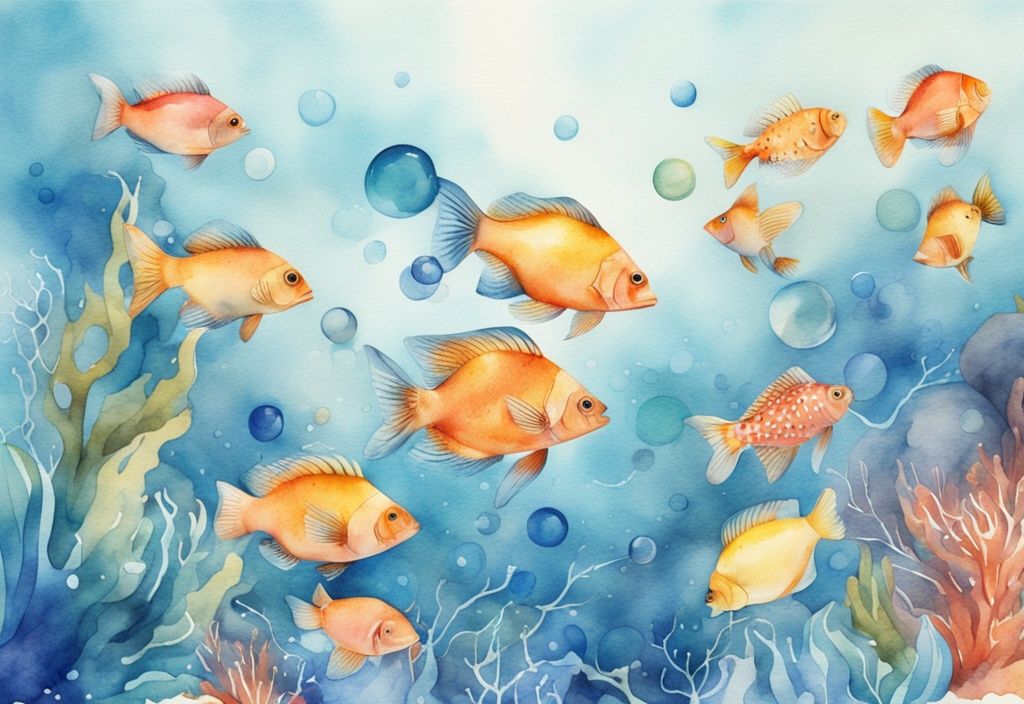 Illustration aquarelle moderne d'un aquarium vibrant avec poissons colorés et système d'oxygénation, bulles montant à la surface, thème bleu dominant.