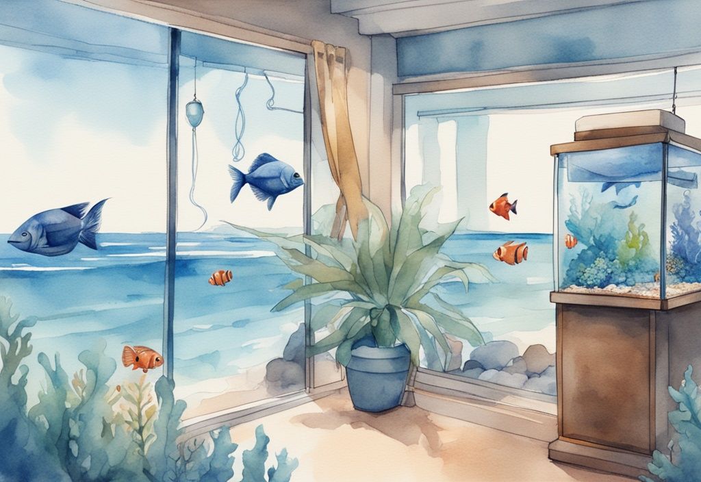 Illustration moderne en aquarelle d'un aquarium bien entretenu avec distributeur automatique et éclairage, liste de vérification pour les vacances à proximité et scène de plage apaisante en arrière-plan, thème bleu.