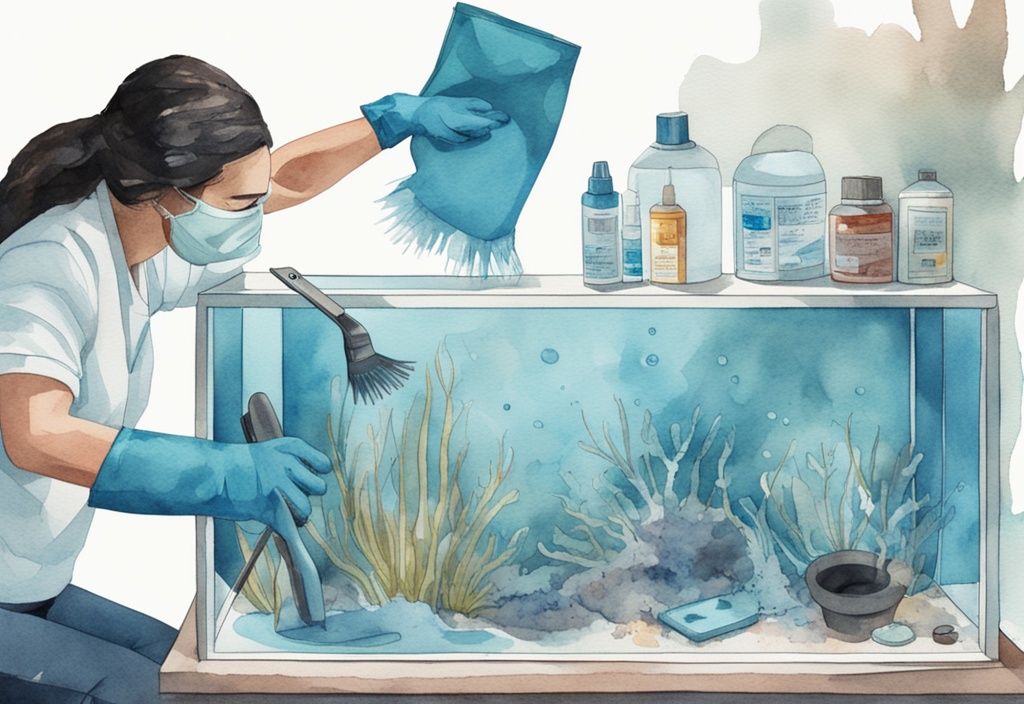 Illustration moderne en aquarelle montrant comment nettoyer un aquarium vide très sale avec des mains gantées frottant l'intérieur, thème de couleur bleu.