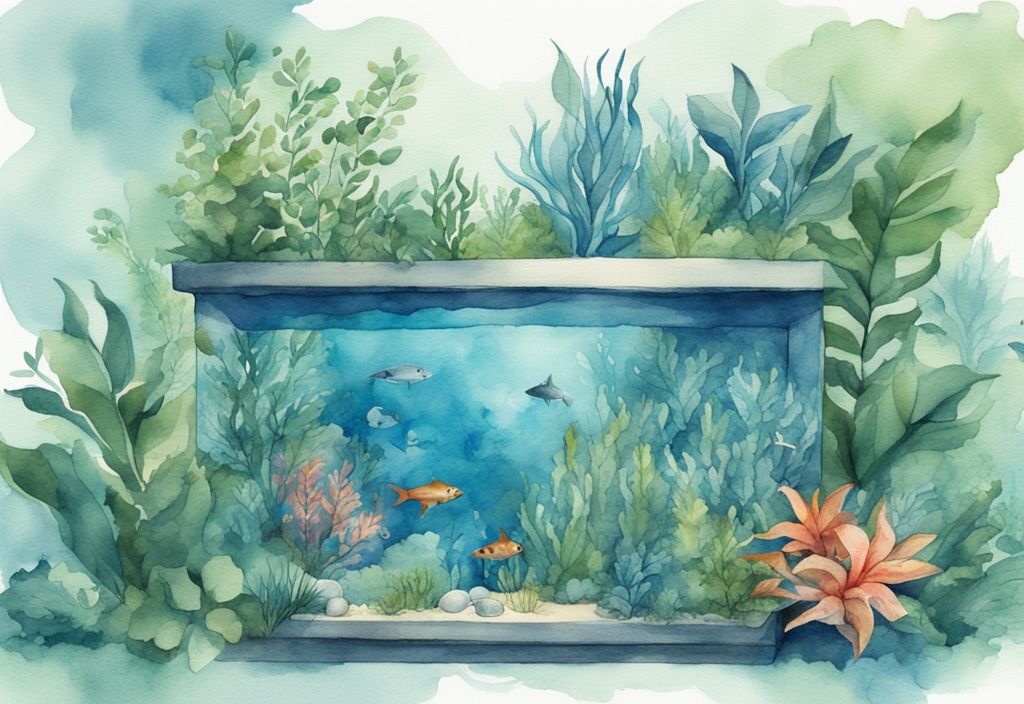 Illustration moderne en aquarelle d'un aquarium vibrant avec des plantes luxuriantes et saines, thème bleu, plante aquarium sans co2.