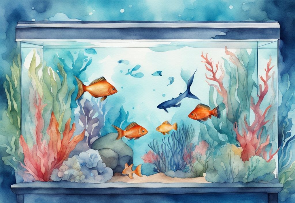 Illustration moderne en aquarelle d'un aquarium rectangulaire avec un thème bleu, présentant un monde sous-marin vibrant avec divers poissons colorés et plantes aquatiques.