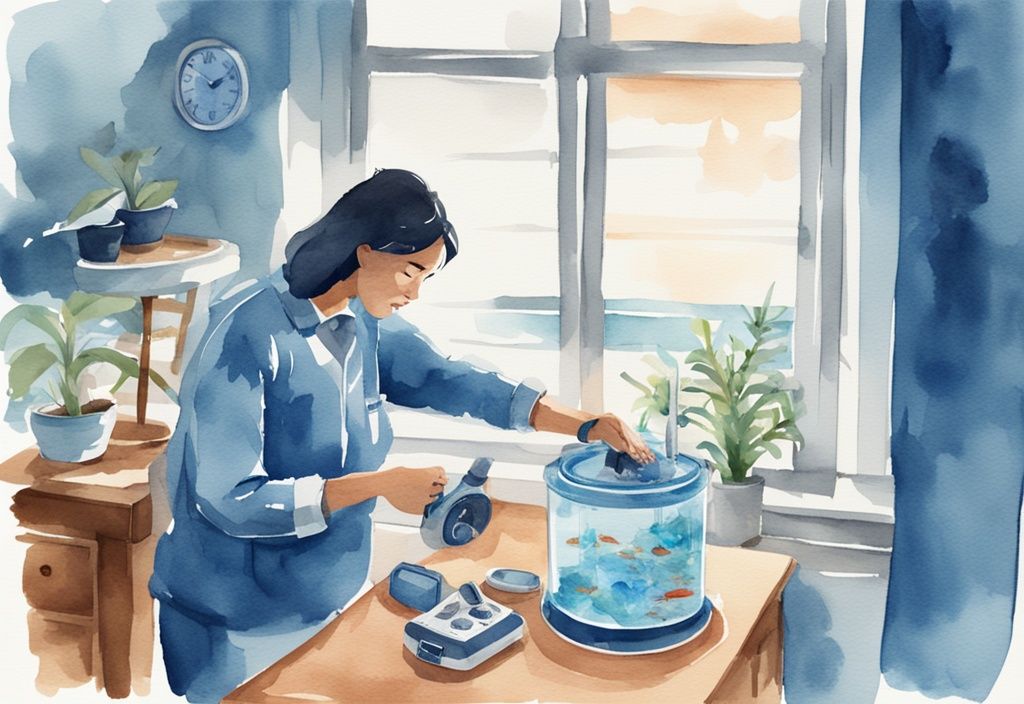 Illustration moderne en aquarelle d'une personne préparant un distributeur automatique de nourriture pour poissons et un minuteur pour l'éclairage de l'aquarium avant de partir en vacances, illustrant que faire de l'aquarium en vacances.