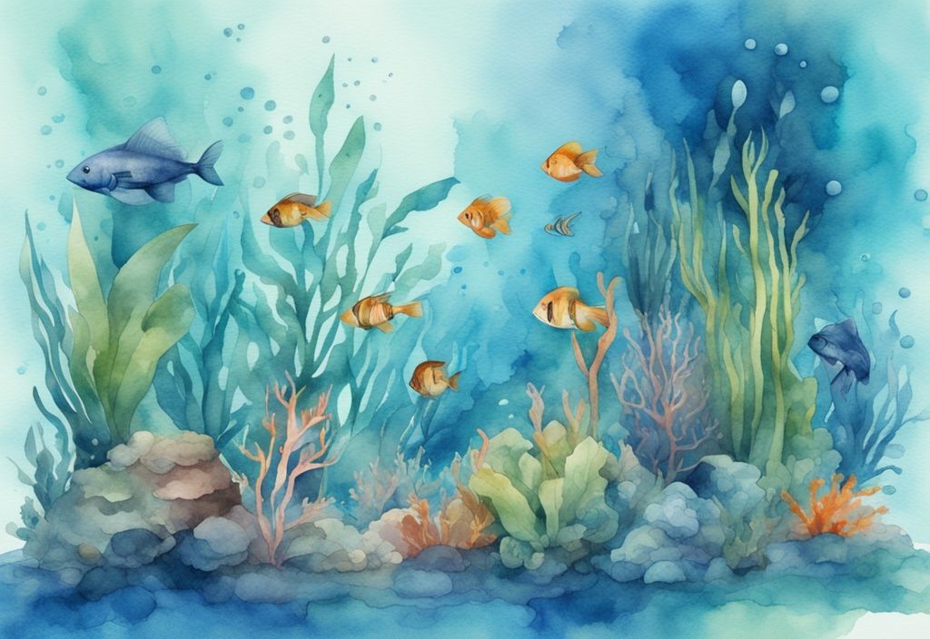 Illustration aquarelle moderne d'un environnement sous-marin florissant avec des plantes d'aquarium sans besoin de CO2 supplémentaire, dominée par des teintes bleues.