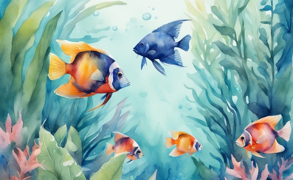 Illustration moderne en aquarelle d'un aquarium bien éclairé avec des poissons tropicaux colorés nageant parmi des plantes aquatiques luxuriantes, thème principal bleu.