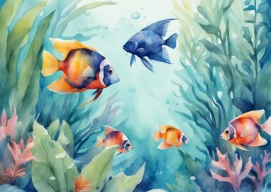 Illustration moderne en aquarelle d'un aquarium bien éclairé avec des poissons tropicaux colorés nageant parmi des plantes aquatiques luxuriantes, thème principal bleu.