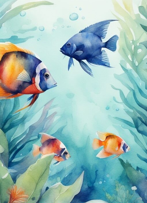 Illustration moderne en aquarelle d'un aquarium bien éclairé avec des poissons tropicaux colorés nageant parmi des plantes aquatiques luxuriantes, thème principal bleu.