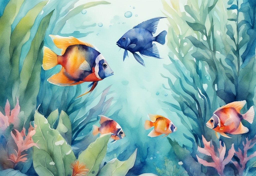 Illustration moderne en aquarelle d'un aquarium bien éclairé avec des poissons tropicaux colorés nageant parmi des plantes aquatiques luxuriantes, thème principal bleu.