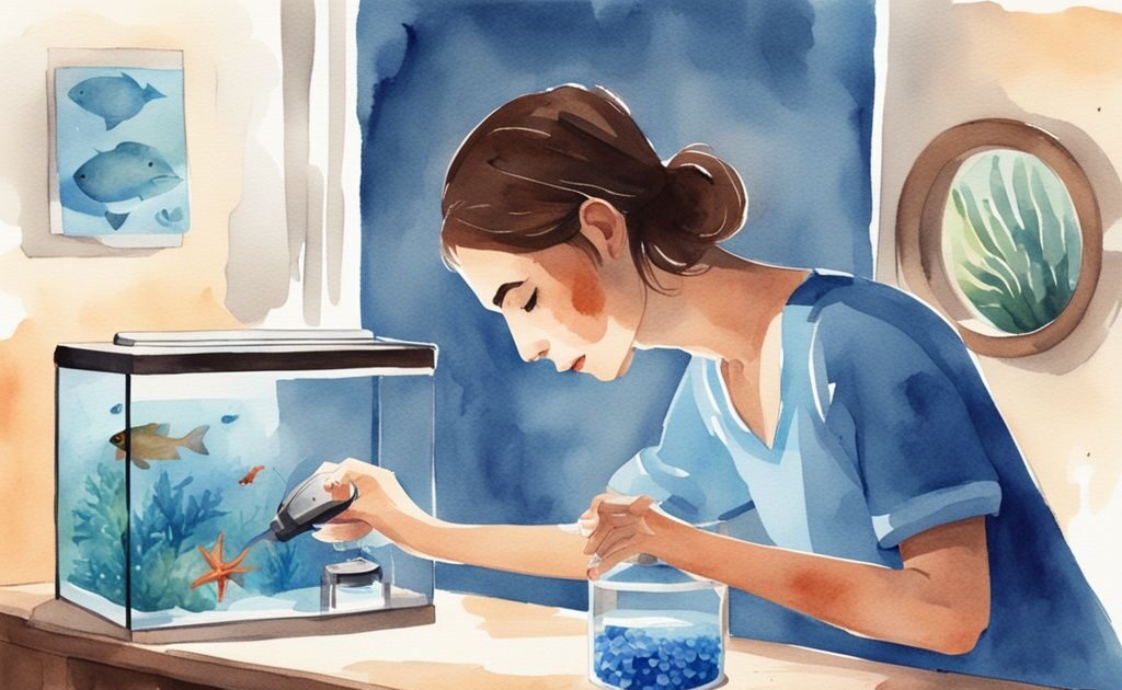 Illustration moderne en aquarelle montrant une personne préparant un distributeur automatique de nourriture pour poissons et un minuteur pour l'éclairage de l'aquarium avant de partir en vacances, soulignant le thème que faire de l'aquarium en vacances.