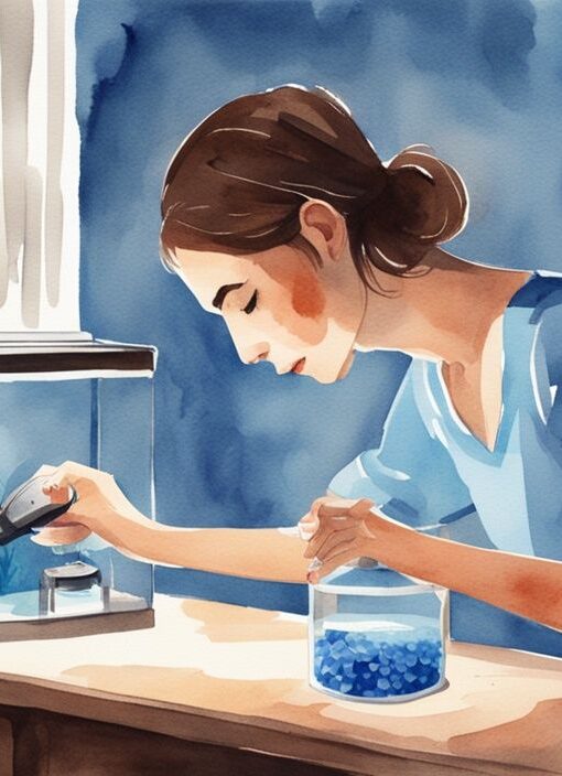 Illustration moderne en aquarelle montrant une personne préparant un distributeur automatique de nourriture pour poissons et un minuteur pour l'éclairage de l'aquarium avant de partir en vacances, soulignant le thème que faire de l'aquarium en vacances.