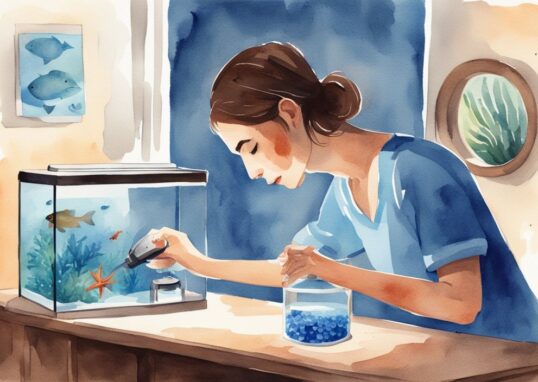 Illustration moderne en aquarelle montrant une personne préparant un distributeur automatique de nourriture pour poissons et un minuteur pour l'éclairage de l'aquarium avant de partir en vacances, soulignant le thème que faire de l'aquarium en vacances.