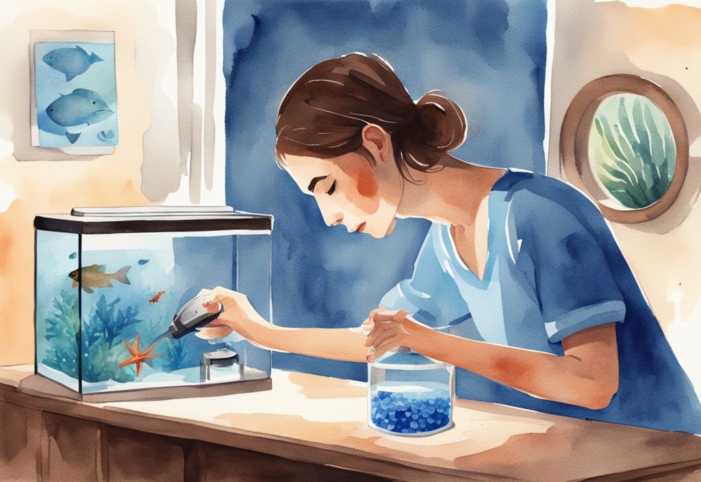 Illustration moderne en aquarelle montrant une personne préparant un distributeur automatique de nourriture pour poissons et un minuteur pour l'éclairage de l'aquarium avant de partir en vacances, soulignant le thème que faire de l'aquarium en vacances.