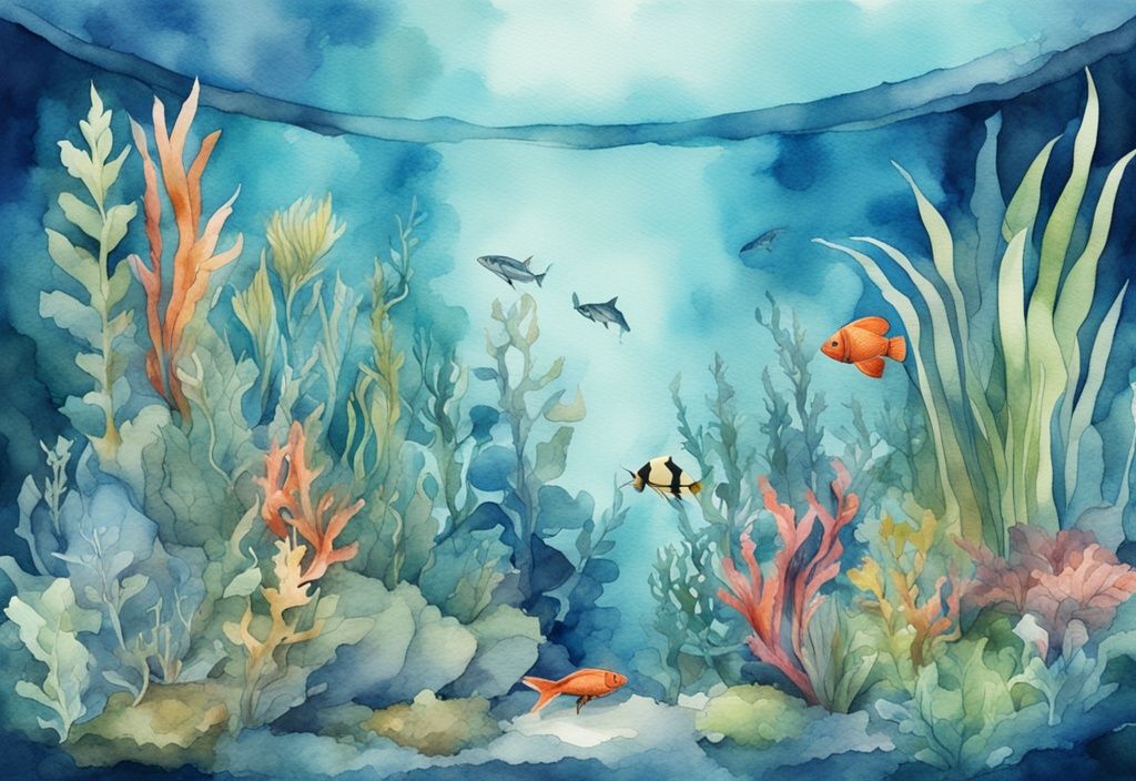 Illustration moderne en aquarelle d'un environnement sous-marin florissant avec des plantes d'aquarium bleues poussant sans CO2 supplémentaire.