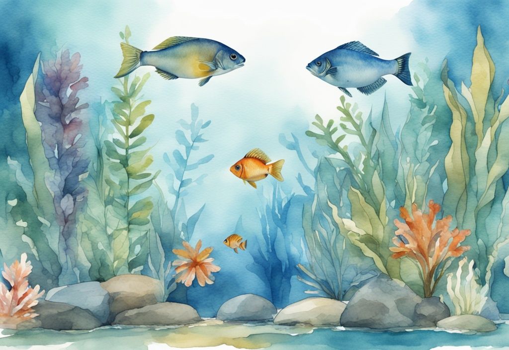 Illustration moderne en aquarelle d'un aquarium eau douce débutant avec des poissons colorés nageant parmi des plantes aquatiques et des décorations, thème bleu.