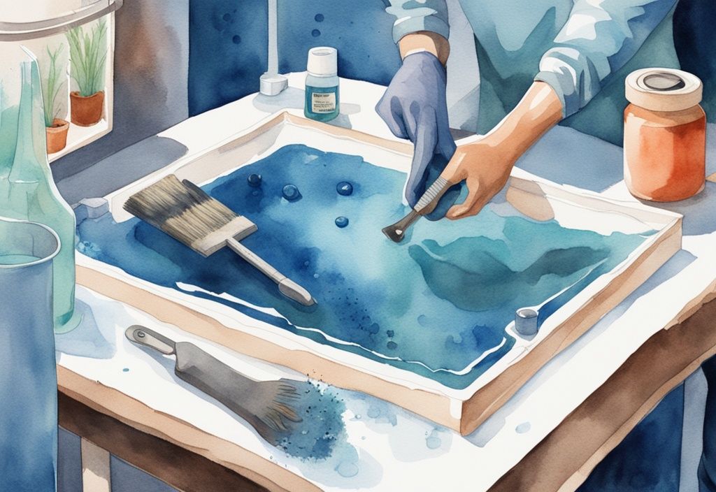 Illustration moderne à l'aquarelle montrant des mains gantées nettoyant un aquarium vide et sale, avec outils et produits de nettoyage à proximité, thème bleu.